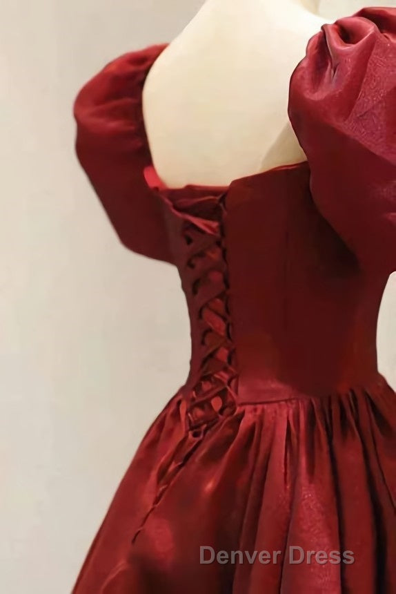 Burgundy A Line Long Prom Dresses with Short Sleeves, New Prom Gowns