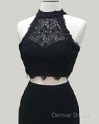 Two Piece Black Homecoming Dresses Lace Crop Top