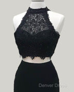 Two Piece Black Homecoming Dresses Lace Crop Top