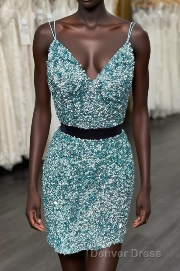 Two Piece Blue Sequins Tight Homecoming Dress,Sparkly Cocktail Prom Dresses