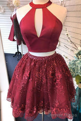 Two Piece Burgundy Beaded Sequins Homecoming Dress With Cut Out