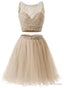 Two Piece Champagne Beaded Tulle Homecoming Dress, Short Prom Dress