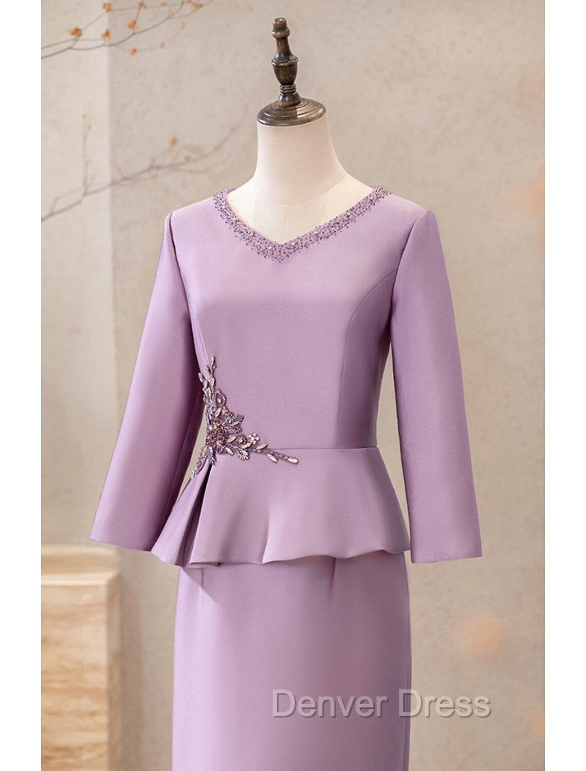 Two Piece Cocktail Dress Elegant Dress Wedding Prom Tea Length Long Sleeve V Neck Satin Mother Of The Bride Dresses
