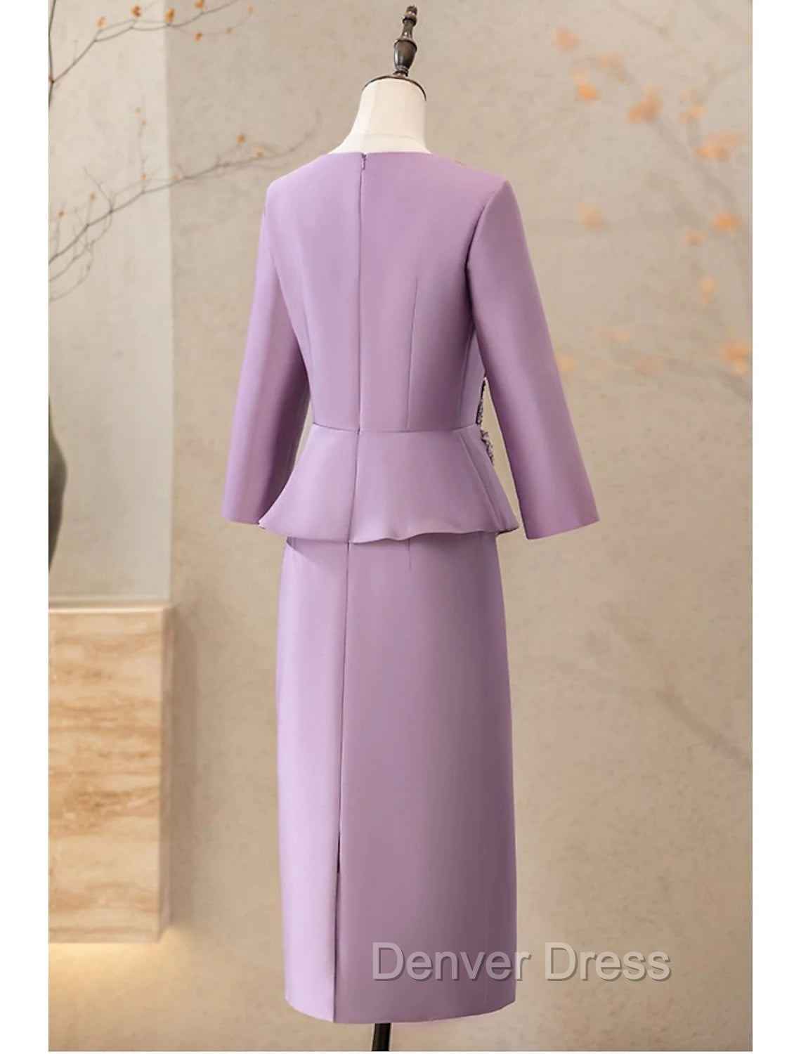 Two Piece Cocktail Dress Elegant Dress Wedding Prom Tea Length Long Sleeve V Neck Satin Mother Of The Bride Dresses