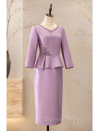Two Piece Cocktail Dress Elegant Dress Wedding Prom Tea Length Long Sleeve V Neck Satin Mother Of The Bride Dresses