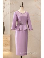 Two Piece Cocktail Dresses Elegant Dresses Wedding Party Tea Length Long Sleeve V Neck Satin Mother Of The Bride Dresses
