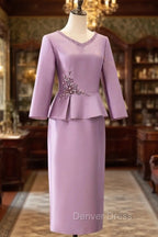 Two Piece Cocktail Dress Elegant Dress Wedding Prom Tea Length Long Sleeve V Neck Satin Mother Of The Bride Dresses