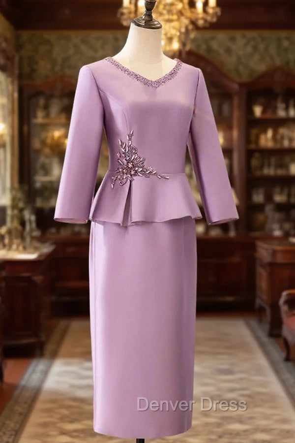 Two Piece Cocktail Dress Elegant Dress Wedding Prom Tea Length Long Sleeve V Neck Satin Mother Of The Bride Dresses