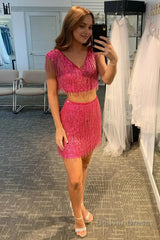 two piece fuchsia sequins tight short homecoming dress with fringes