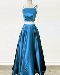 Two Piece Green Satin Prom Dress With Straps