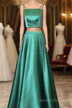 Two Piece Green Satin Prom Dresses With Straps