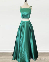 Two Piece Green Satin Prom Dress With Straps