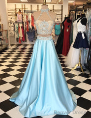 Two Piece High Neck Lace Appliques Light Blue Prom Dress