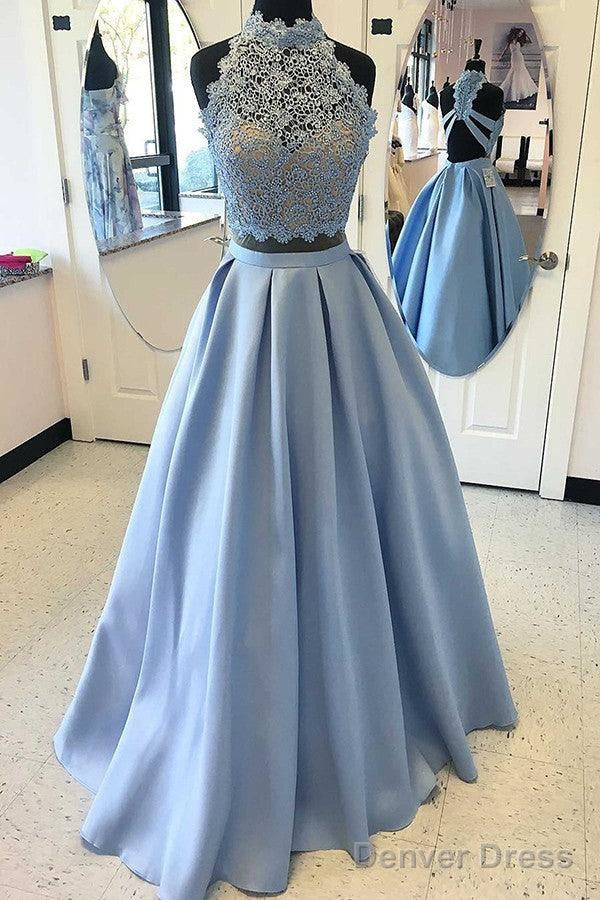 Two Piece High Satin Floor-Length Criss-Cross Straps Appliques Prom Dress Main image