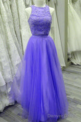 Two Piece Lavender Prom Dresses Lace Crop