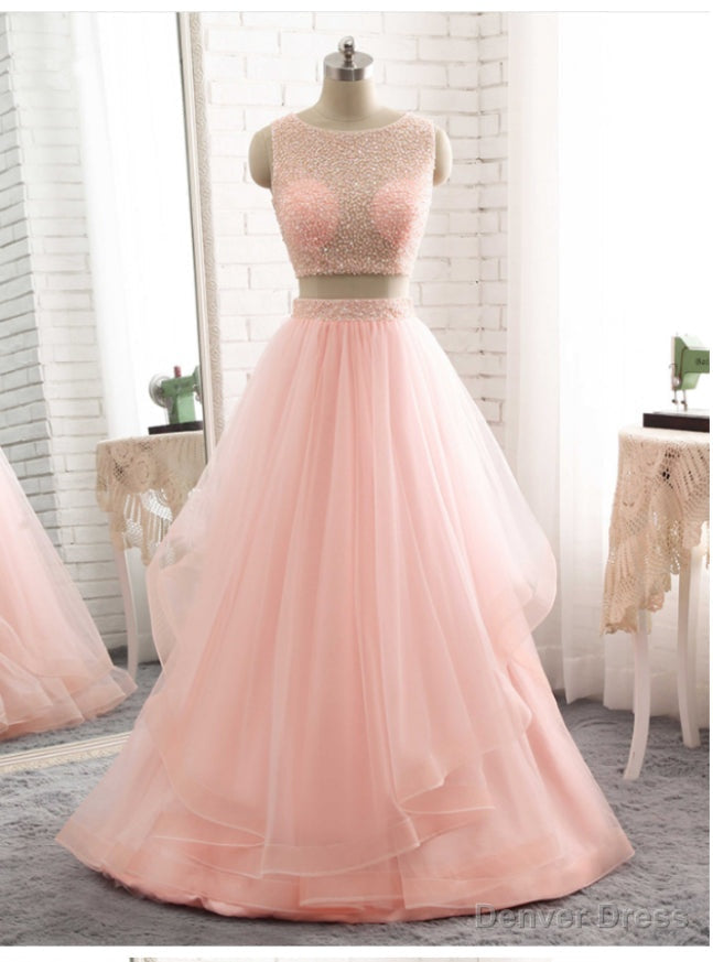 Two Piece Long Prom Dresses Pink Tulle Floor Length Formal Gowns Main image