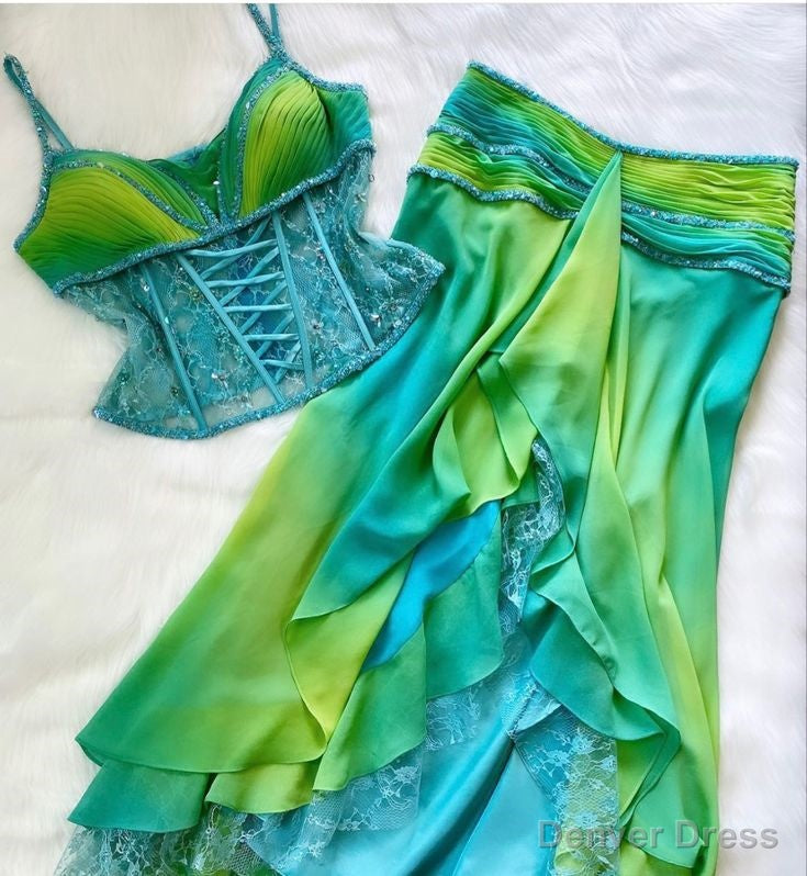 Two Piece Prom Dress, Unique Ombre Prom Dresses