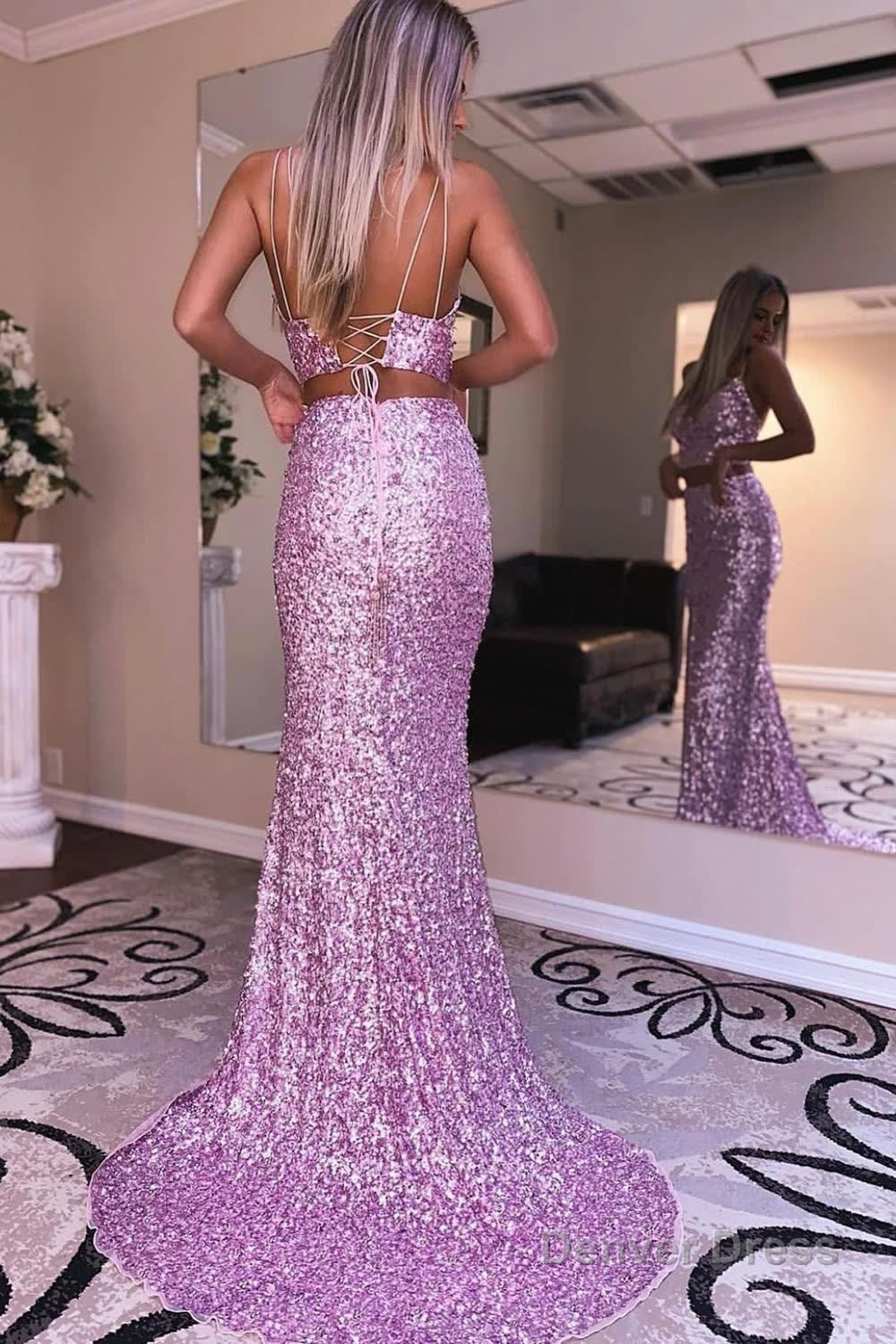 Two Piece Orange Sequins Mermaid Prom Dresses with Slit
