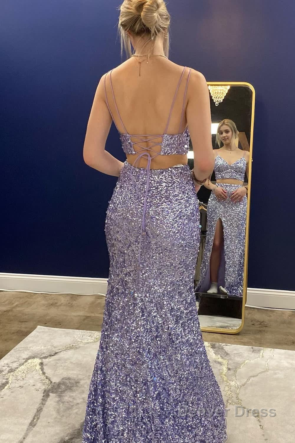 Two Piece Orange Sequins Mermaid Prom Dresses with Slit