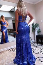 Two Piece Orange Sequins Mermaid Prom Dress with Slit