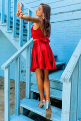 two piece red short homecoming dress with bowknot