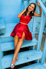 two piece red short homecoming dress with bowknot