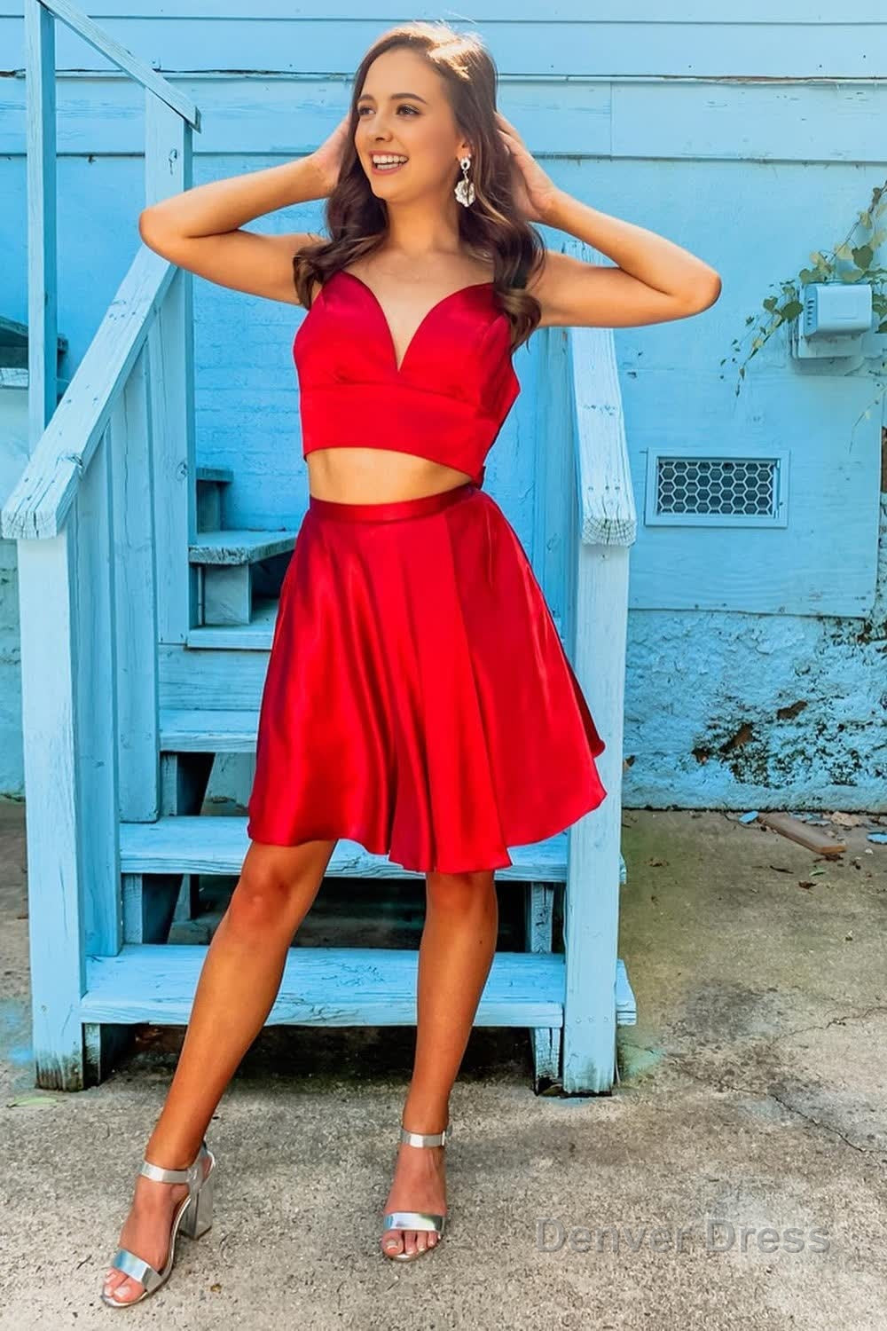 two piece red short homecoming dress with bowknot