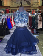 Two Piece Ruffles Ball Gown Homecoming Dresses,Navy Blue Semi Formal Dresses