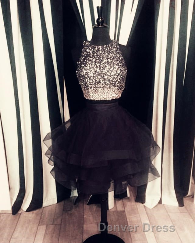 Two Piece Ruffles Ball Gowns Homecoming Dress,Navy Blue Semi Prom Dresses