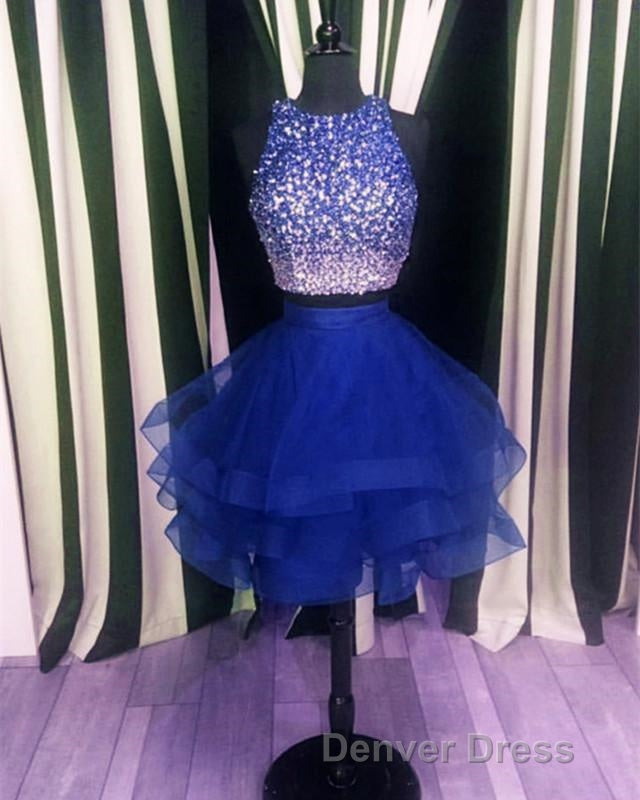 Two Piece Ruffles Ball Gown Homecoming Dresses,Navy Blue Semi Formal Dresses