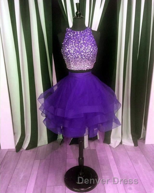 Two Piece Ruffles Ball Gowns Homecoming Dress,Navy Blue Semi Prom Dresses