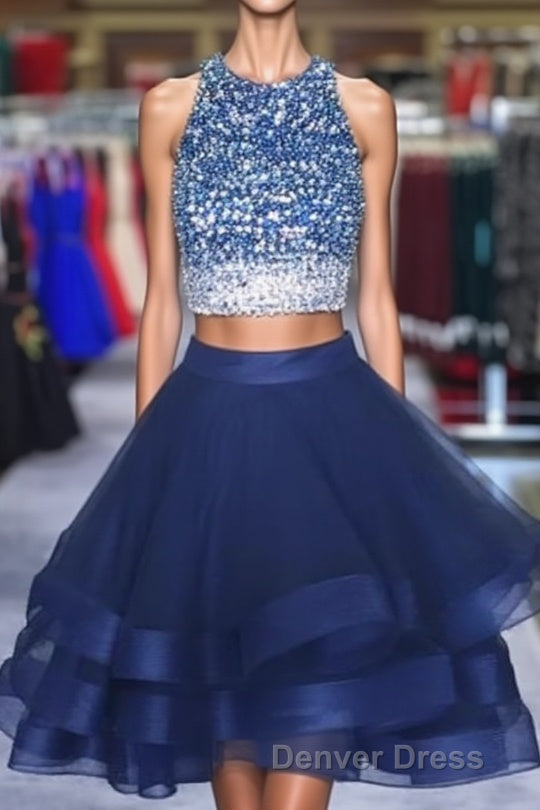 Two Piece Ruffles Ball Gown Homecoming Dresses,Navy Blue Semi Formal Dresses Main image