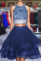Two Piece Ruffles Ball Gown Homecoming Dresses,Navy Blue Semi Formal Dresses