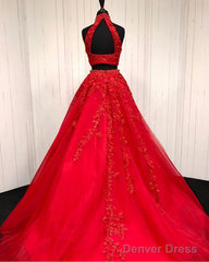 Two Piece Tulle Ball Gowns Quinceanera Dresses Beaded High Neck With Lace Embroidery