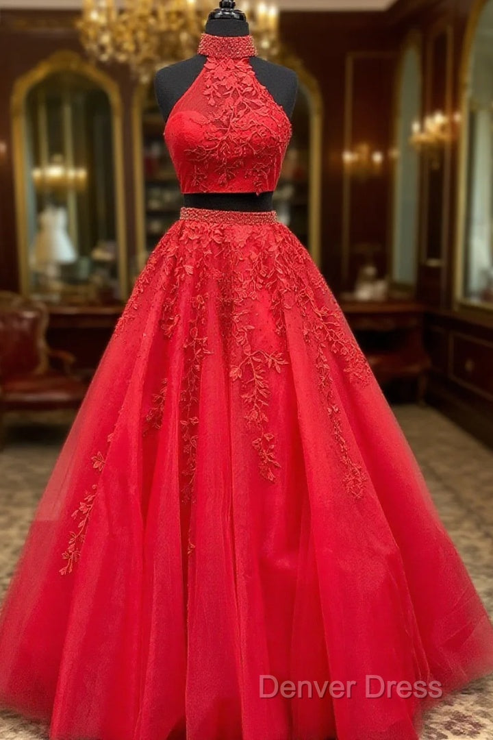 Two Piece Tulle Ball Gowns Quinceanera Dresses Beaded High Neck With Lace Embroidery Main image