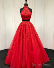 Two Piece Tulle Ball Gowns Quinceanera Dresses Beaded High Neck With Lace Embroidery