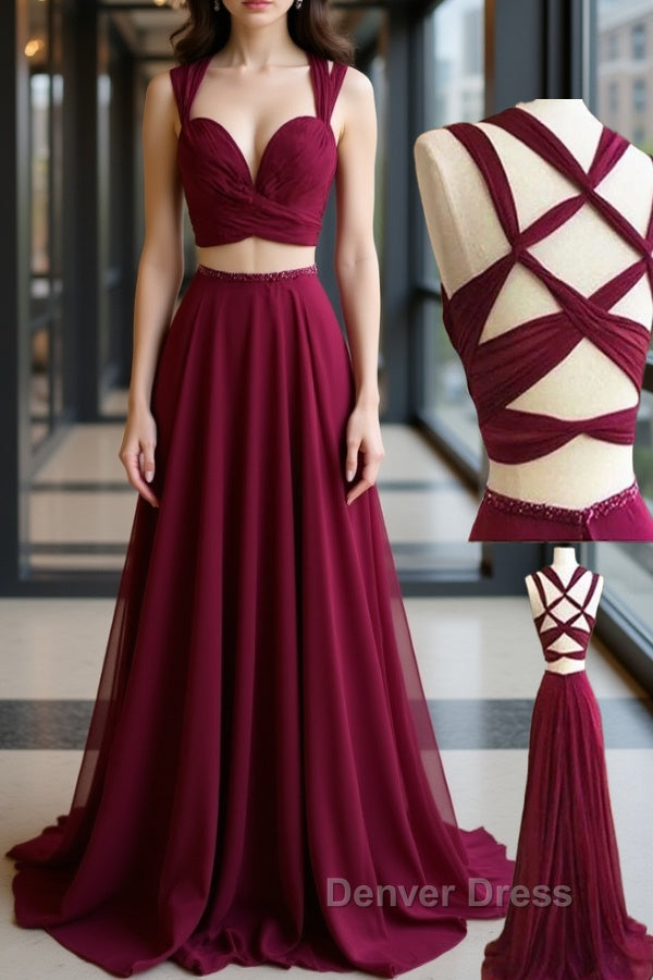 Two Pieces Burgundy Chiffon Long Prom Dress, 2 Pieces Wine Red Long Prom Dresses