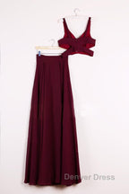 Two Pieces Burgundy Long Prom Dress, Dark Wine Red 2 Pieces Long Prom Bridesmaid Dresses