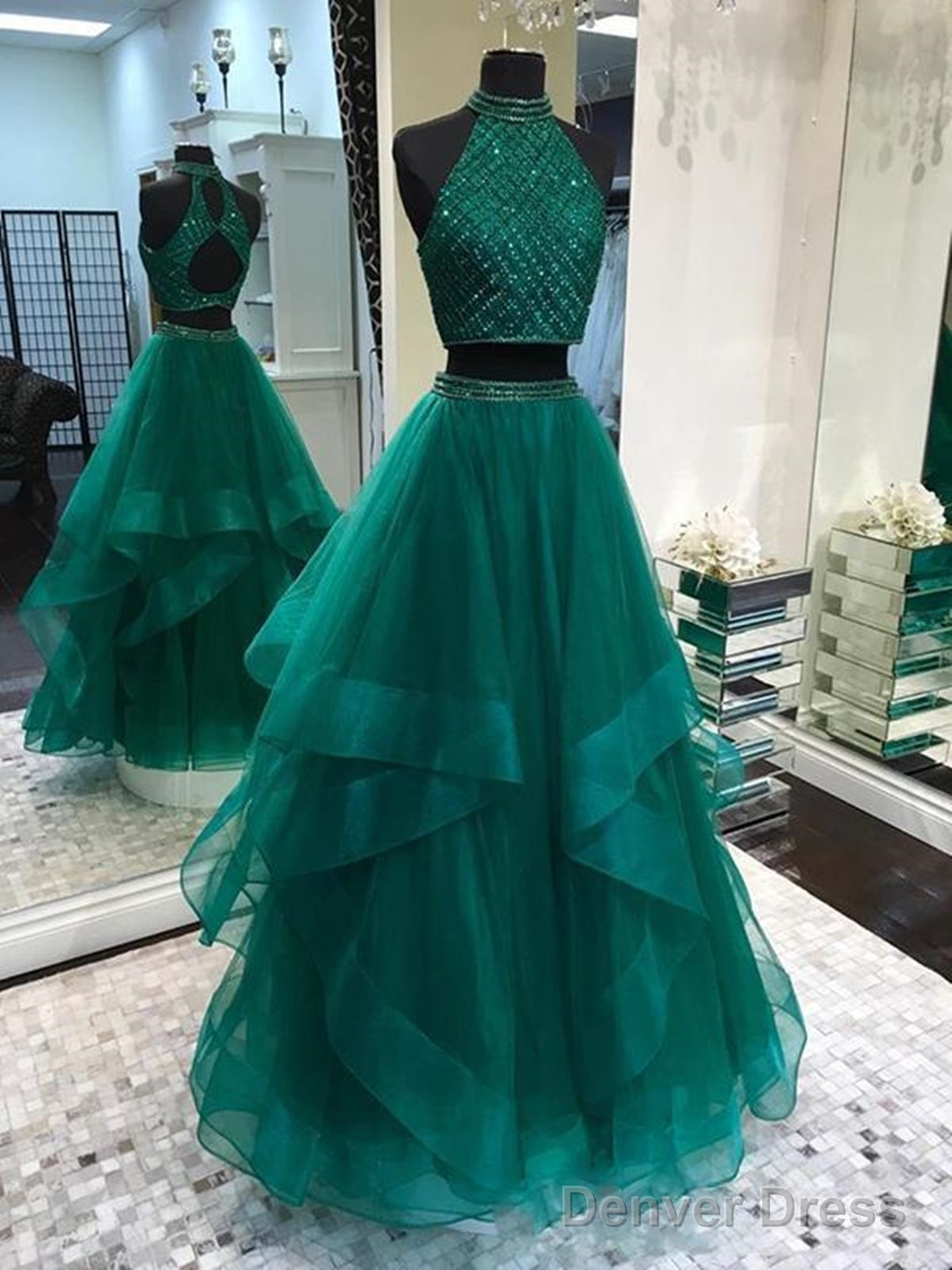 Two Pieces Emerald Green Prom Dress Long, 2 Pieces Green Long Formal Graduation Dresses Main image