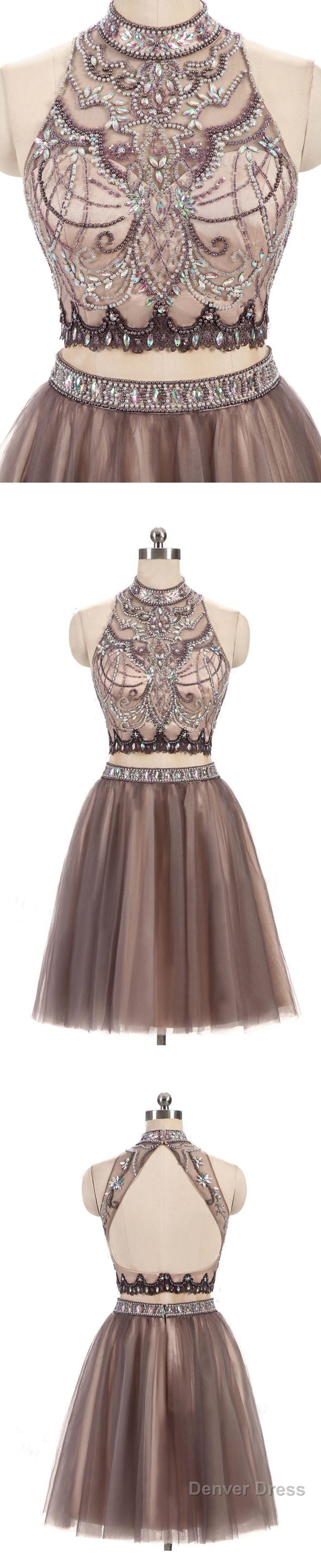 Two Pieces Gorgeous Beading High Neck Open Back Sleeveless Light Brown  Homecoming Dresses