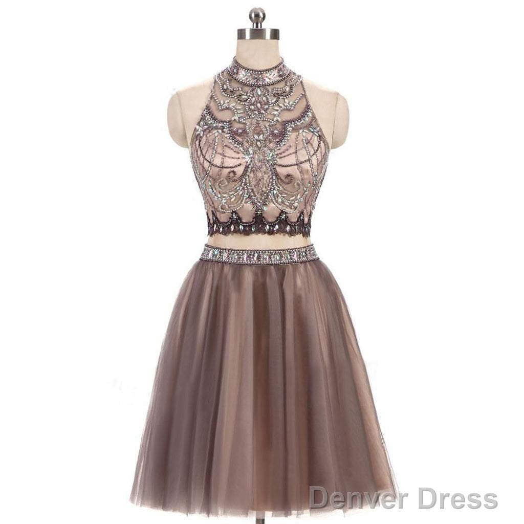 Two Pieces Gorgeous Beading High Neck Open Back Sleeveless Light Brown  Homecoming Dresses