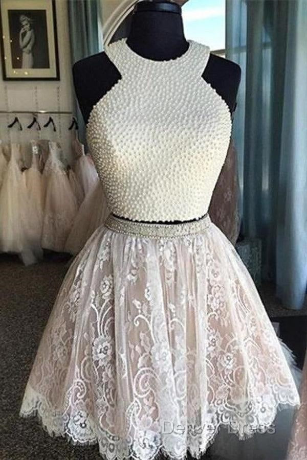 Two Pieces Halter Lace Skirt Pearls Bodice Cute Homecoming Dresses