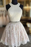 Two Pieces Halter Lace Skirt Pearls Bodice Cute Homecoming Dresses