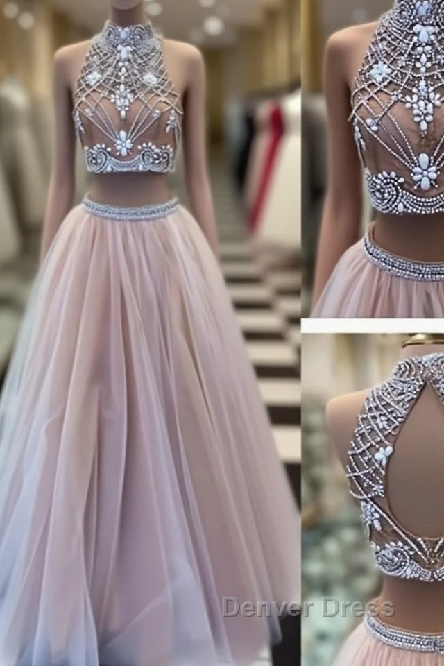 Two Pieces High Neck Beaded Tulle Long Champagne Prom Dress