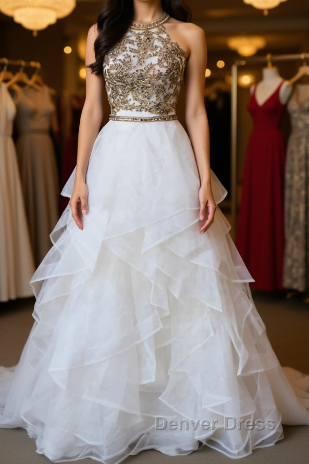 Two Pieces Lace White Tulle Long Prom Dress, White Two Pieces Prom Dress, Ball Gowns Main image