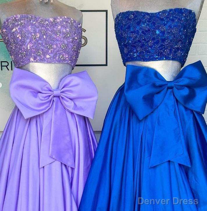 Two Pieces Long Prom Dresses with Beaded Top and Bow Secondary image