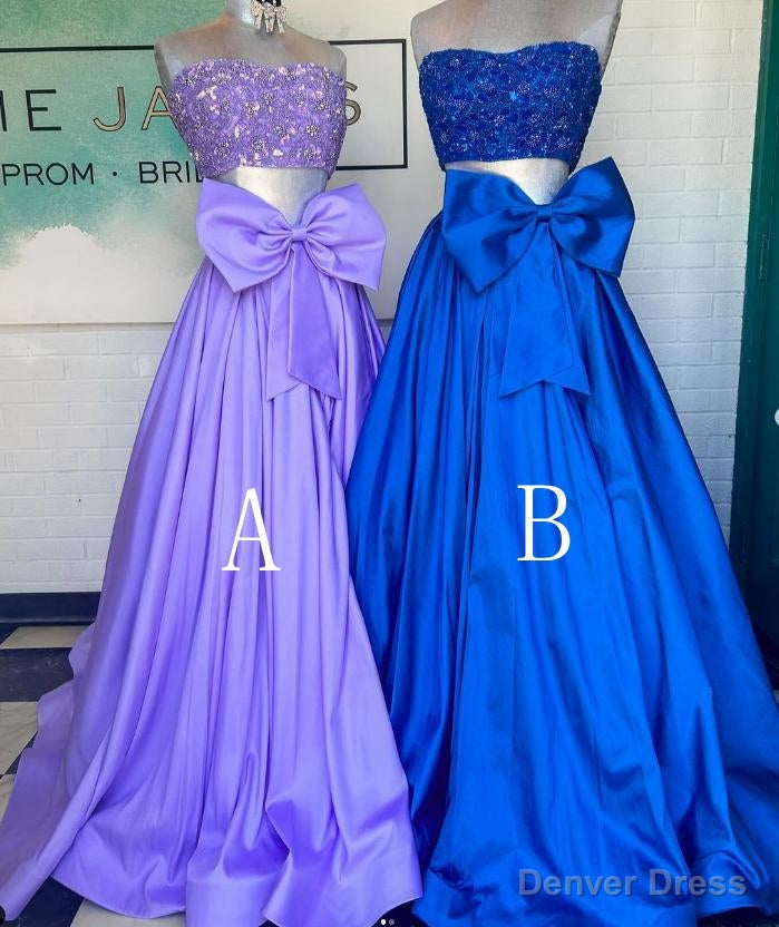 Two Pieces Long Prom Dresses with Beaded Top and Bow Main image