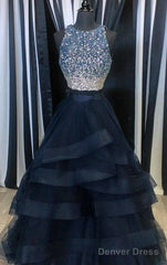 Two Pieces Navy Prom Dress Halter Neckline, Evening Dress,  Graduation School Party Dance Dress