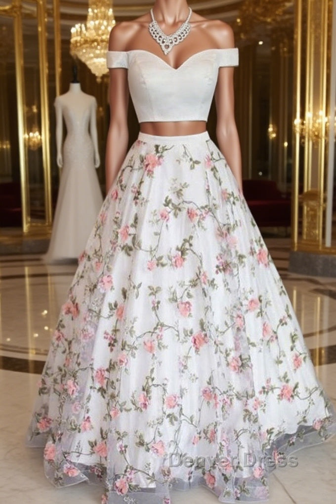 Two Pieces Off The Shoulder Lace Floral White Prom Dress, Off Shoulder White Prom Dress, Two Pieces White Prom Dresses