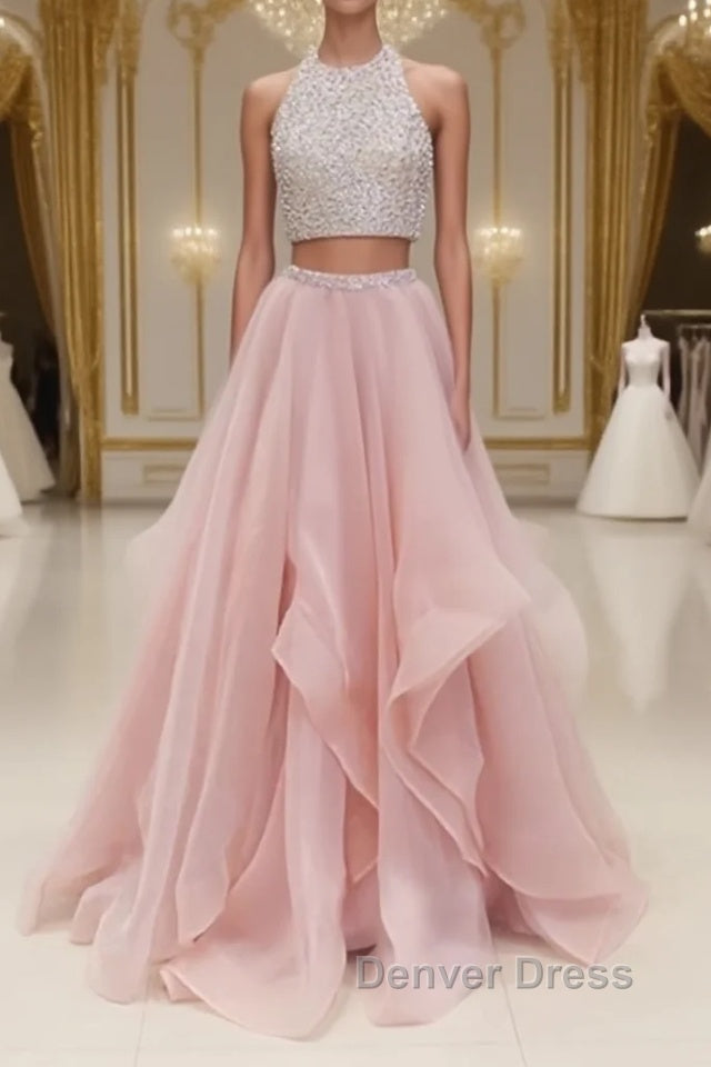 Two Pieces Round Neck Sequins Long Pink Prom Dress, Pink Prom Dresses